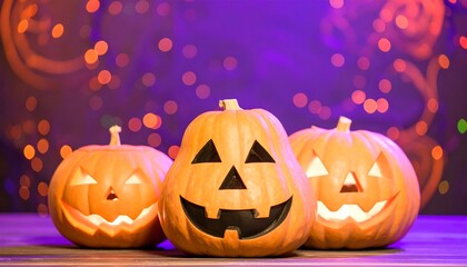 Fototapeta premium Three jack-o'-lanterns on a table against a blurred purple background