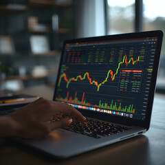 A hand casually using a laptop, with a spreadsheet on the screen showing glowing cells and dynamic financial graphs being calculated in real time