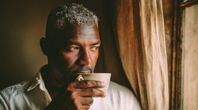A senior African man with gray hair drinks from a cup while looking out a window. Soft natural light illuminates the scene, creating a warm atmosphere.