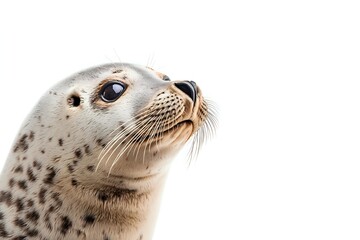 Spotted seal portrait on white background, close-up view of marine mammal face showing detailed whiskers and expressive eyes. Isolated wildlife photography.