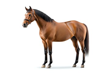 Obraz premium Majestic bay horse with black mane and tail standing in profile view on white background, showing muscular build and elegant posture. Isolated equine figure for design use.