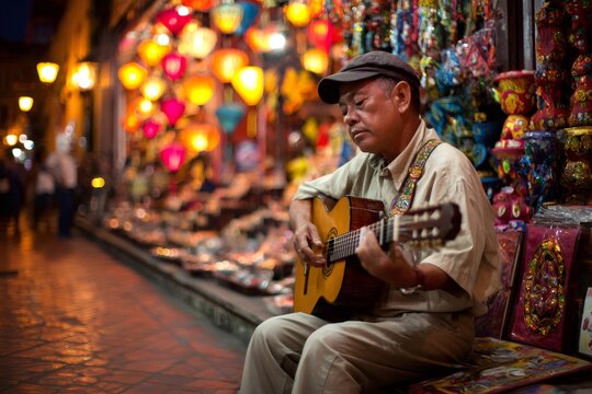 Vietnamese musician playing acoustic guitar in a traditional souvenirs shop in Hoi An ancient town by night