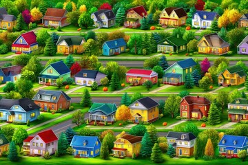 Vector isometric neighborhood at dusk with subtle pumpkins on porches, warm window glows, gentle bats, clean roads, balanced composition with copy space, family-friendly Halloween background for