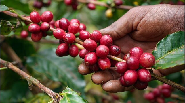 Hand harvesting ripe coffee cherries in lush plantation during the morning light in a tropical region - Powered by Adobe