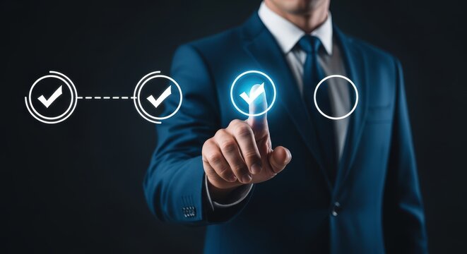 3d icon of businessman selecting a task from a digital checklist on a futuristic interface