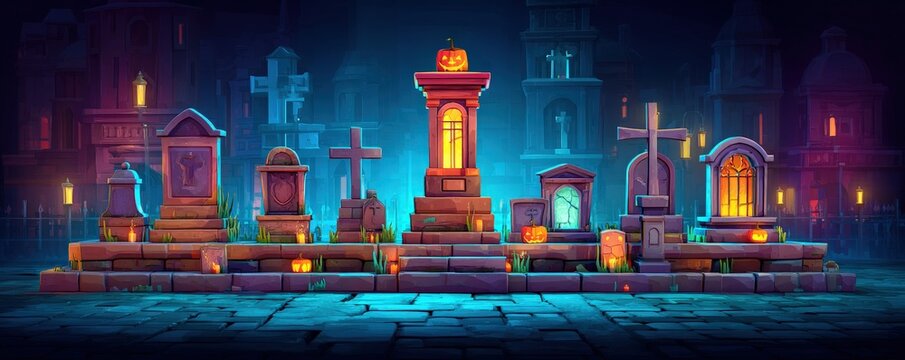 3D low-poly hilltop cemetery with pumpkin lanterns, hovering fog layers, stylized moon rim light, deep color grading, centered copy space for titles, cinematic Halloween background suitable for event