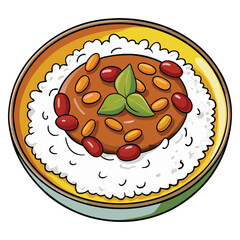 A delicious bowl of rice topped with savory bean curry and garnished with fresh green basil leaves