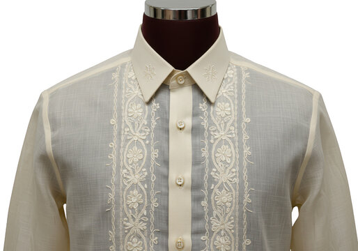 Closeup of a traditional filipino barong tagalog shirt with intricate embroidery, isolated on a transparent background