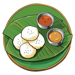 A delightful illustration of south indian idli served with two dipping sauces on a banana leaf