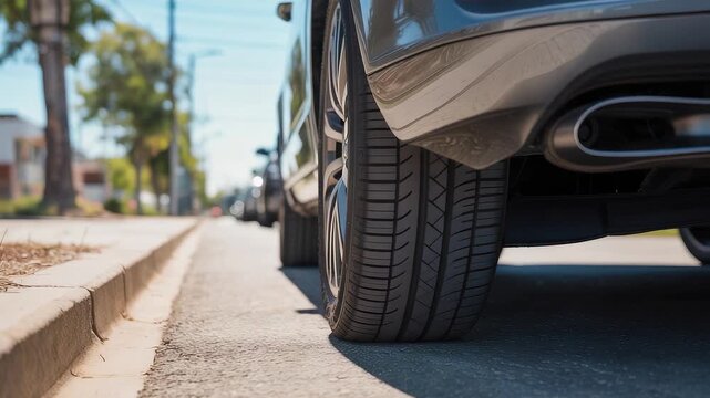Close up of modern car tire and wheel on asphalt street near curbside with parked vehicles and urban neighborhood background

