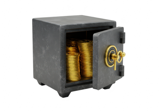 Open safe filled with gold coins, isolated on transparent background