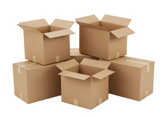 A stack of open cardboard boxes, isolated on a transparent background, ready for packing, shipping, or moving