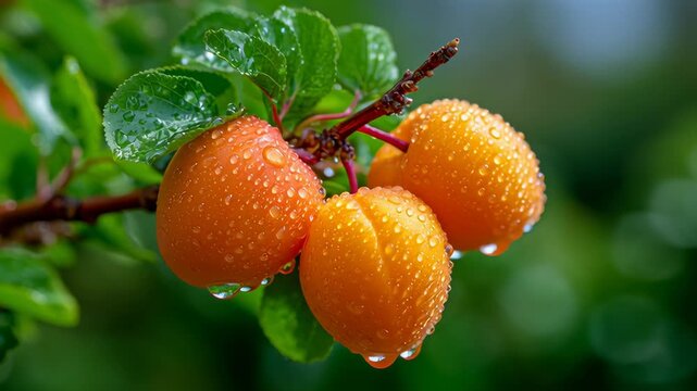 Ripe orange apricots hang on tree branch, adorned with water droplets after recent rainfall. Vibrant green background adds freshness. Concept of agriculture, fruit farming, healthy eating