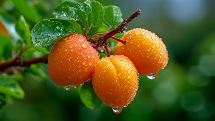 Orange apricots hang on tree branch adorned with droplets after rain. Lush green backdrop creates serene atmosphere. Concept of fruit farming, nutrition, healthy eating
