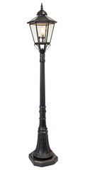 A classic, vintage-style street lamp. It features a dark, likely cast-iron or similar metal, finish. The lamp post has an ornate base with fluted and decorative elements. The top section, or lantern.