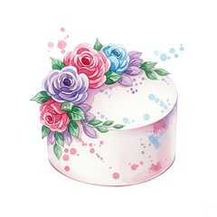 Watercolor cake with colorful roses illustration on white background