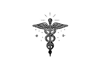 Illustration of a caduceus symbol with wings and snakes on a white background with dotted accents design