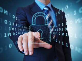 Cyber Security - A businessman's finger touching a glowing wireframe padlock, with binary code in the background, symbolizing data protection and secure networks