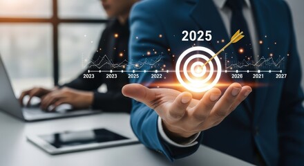 3d icon of business goal target 2025 with arrow hitting bullseye and growth chart