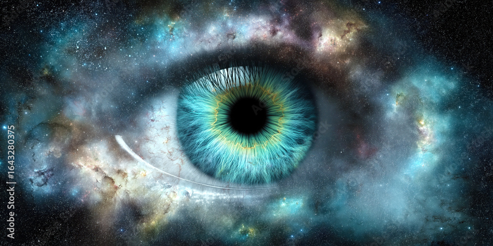 Wall mural human eye with blue iris on background of deep outer space with stars and galaxies in the universe