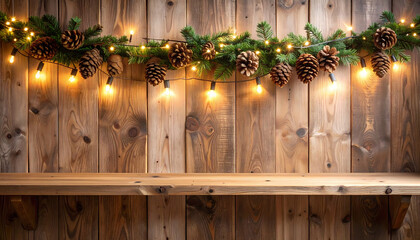 Festive holiday lights on wooden shelf