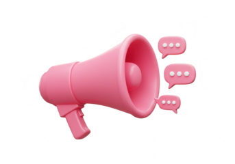 Pink megaphone with speech bubbles, symbolizing communication, announcements, and social media engagement, isolated on transparent background