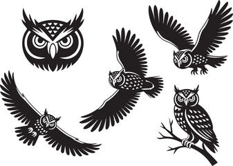 Black owls in flight and perched on branches flying