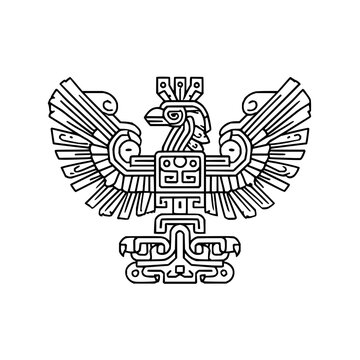 Stylized aztec eagle with geometric patterns and outstretched wings in black and white line art design