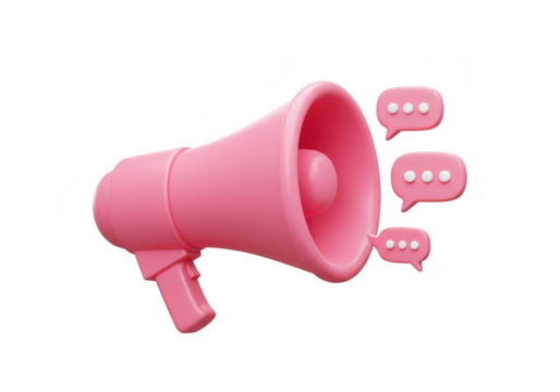 Pink megaphone with speech bubbles, symbolizing communication, announcements, and social media engagement, isolated on transparent background