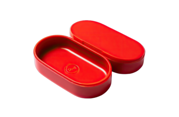 Red oval case, open, for small items