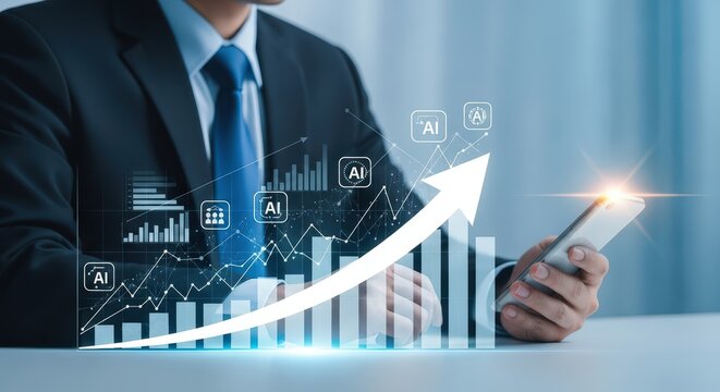 3d icon of businessman analyzing financial growth with upward trend chart on phone