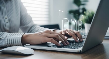 3d icon of person typing on laptop with digital documents floating above keyboard