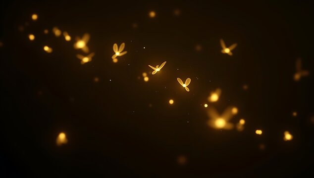 "Floating swarm of glowing yellow firefly lights gently flickering, depth of field blur, isolated on black background, seamless loop"


