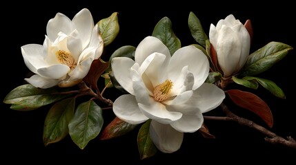 Beautiful magnolia flowers with lush green leaves against a dark background highlighting their elegance and natural beauty