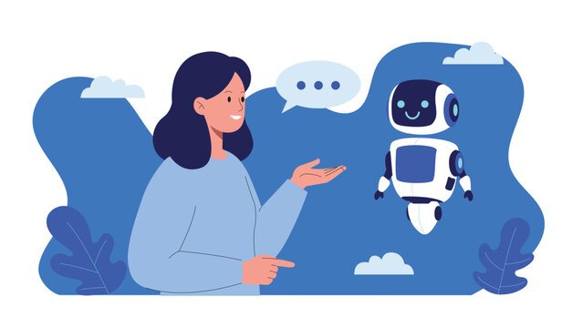 Woman talking with AI assistant robot in a friendly conversation. A concept of interaction between human and artificial intelligence.