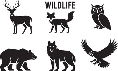 Black animal silhouettes including deer fox owl bear wolf eagle vector
