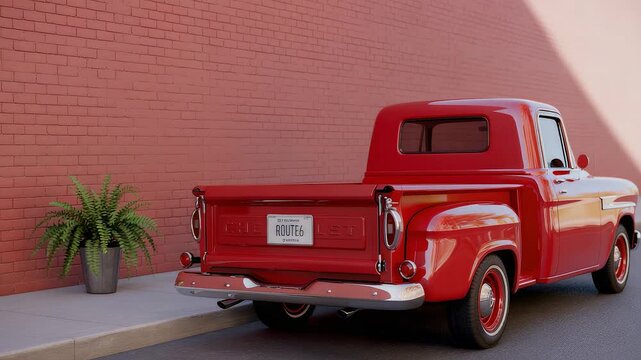 Vintage red pickup truck parked on street beside brick wall with potted green plant in daylight urban setting

