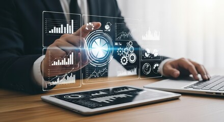 3d icon of businessman interacting with futuristic data analytics interface on screen