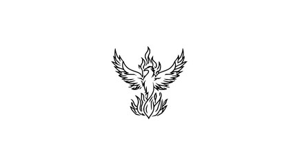 Obraz premium A stylized phoenix with wings spread and flames rising from its body in a black and white illustration