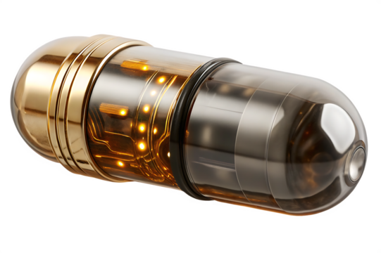 Glowing capsule with gold and silver isolated on a transparent background futuristic