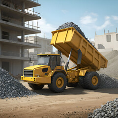 Yellow dump truck carrying gravel at an urban construction site. Heavy machinery parked on a dusty lot, near unfinished concrete buildings.