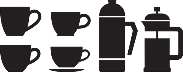 Black coffee cups french press and thermos vector