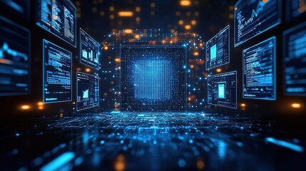 High - Tech Digital Control Room with Multiple Screens and Circuit - Board Floor