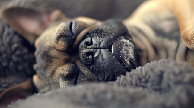 Sleeping French Bulldog puppy close-up on soft gray blanket showing wrinkled nose and peaceful expression. Cozy pet portrait capturing tender moment.