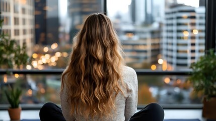 Young Caucasian woman with long wavy blonde hair sitting cross-legged on floor near panoramic window overlooking modern city skyline at dusk, back view, lifestyle concept.
