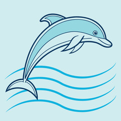 Fototapeta premium Stylized light blue dolphin leaping over blue waves graphic jumping marine mammal