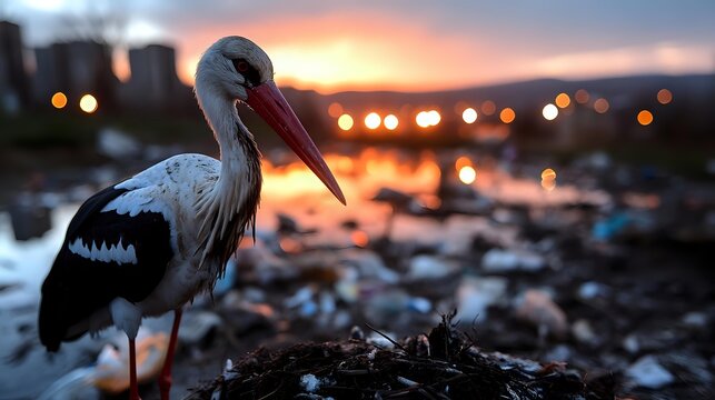 White stork standing among garbage and plastic waste at sunset, city lights in background, environmental pollution concept highlighting wildlife impact.