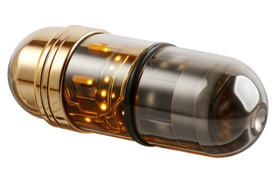 Glowing capsule with internal circuitry and metallic accents isolated on a transparent background