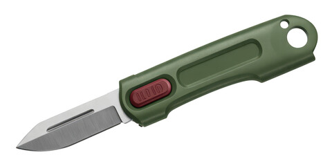 Obraz premium Green folding utility knife with red button isolated on transparent background