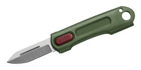 Green folding utility knife with red button isolated on transparent background
